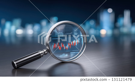 Magnifying glass analyzing financial chart with red and blue candlestick trend, analytical focus 131121479