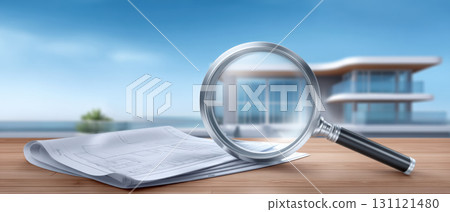 Modern house blueprint with magnifying glass focusing architectural detail, bright coastal 131121480