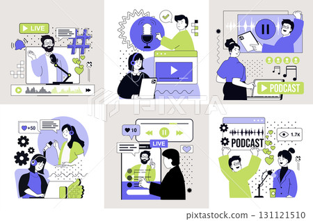 Video podcast concept set for web design. Collection with people recording audio conversation in studio, interviewing and broadcasting live, making talk streaming with guests. Vector illustration. 131121510