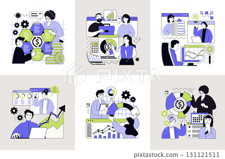 Statistics and analytics concept set for web design. Collection with people making research for financial reporting, working with graphs, diagrams and charts, monitoring data. Vector illustration. 131121511
