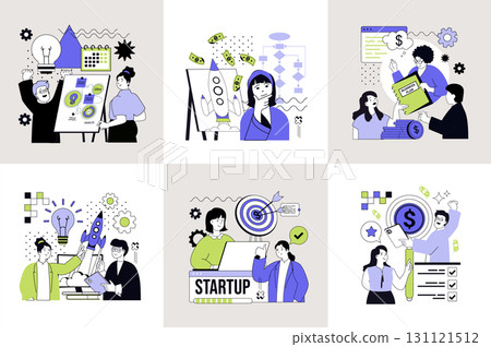 Startup concept set for web design. Collection with people launching new business, analyzing data and planning strategy, investmenting money in company development, achieve goals. Vector illustration. 131121512