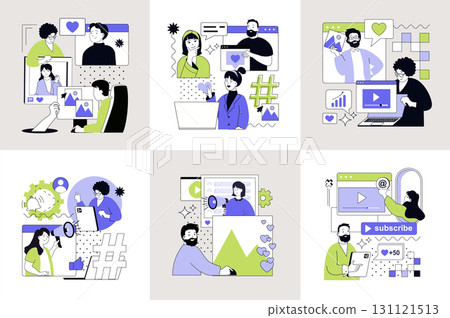 Social media influencer concept set for web design. Collection with people creating posts with photos, sharing information, making online advertising, followers communicating. Vector illustration. 131121513