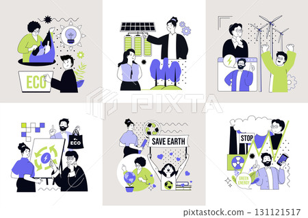 Nature and ecology concept set for web design. Collection with people sorting waste, using renewable alternative energy, trying to stop toxic pollution, save planet and forest. Vector illustration. 131121517