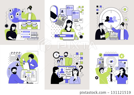 Human resources concept set for web design. Collection with people searching best cv, interviewing candidates online for recruiting, employees gets best offers in company staff. Vector illustration. 131121519