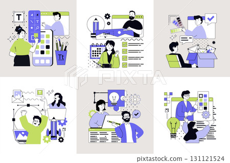 Graphic web design concept set. Collection with people working on website, finding creative ideas for project, programming code, designers drawing and creating filling content. Vector illustration. 131121524