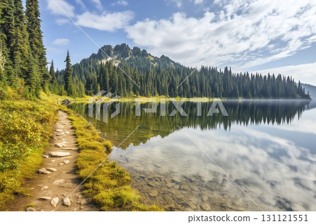 Mountain lake with reflections of pine trees in early morning mist Mountain lake with reflections of pine trees in early morning mist 131121551