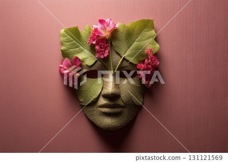 Mask of leaves and flowers. solid background 131121569