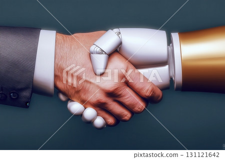 Human hand shaking robotic hand 131121642