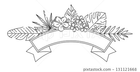 Ribbon with stylized palm leaves. Decorative image of tropical foliage and plants. 131121668