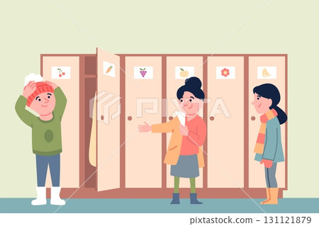 Children dress up near lockers. Kids changing clothes in kindergarten or elementary school, dressing up for walking outside, flat recent vector scene Children dress up near lockers. Kids changing clothes in kindergarten or elementary school, dressing up for walking outside, flat recent vector scene 131121879