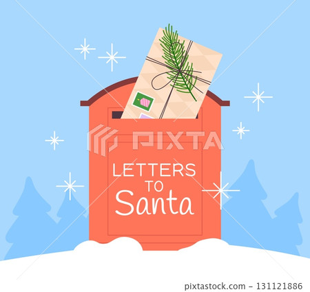Red mailbox for Santa Claus letters. Postcard with decorative envelope in mail box. Christmas and New Year winter holidays background, vector scene 131121886