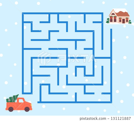 Kids maze christmas game. Help red car find path to home and delivery xmas tree. New Year location, children winter labyrinth, vector template 131121887
