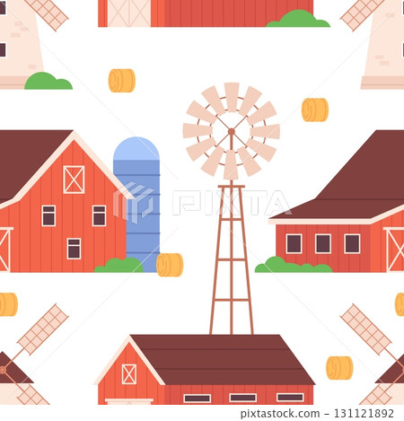 Countryside farm buildings seamless pattern. Mill, red barn, windmill. Decorative agriculture building print for fabric, textile backdrop, vector background 131121892