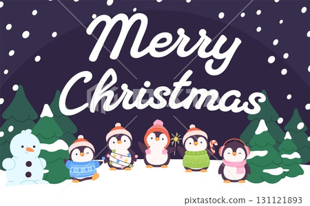 Christmas background with cute snowman. Merry Christmas printcard with snow, xmas tree, cartoon penguins with new year accessories, vector template 131121893