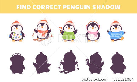 Children educational play with christmas funny penguins. Cute penguin with garland, sweets, wear santa hat. Winter holiday kids game vector template 131121894