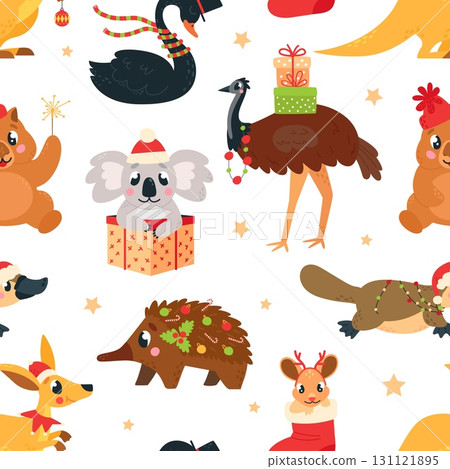 Australian animals seamless pattern. Funny kangaroo wombat koala black swan in Christmas accessories. Ostrich with gifts. Cartoon animal vector background 131121895