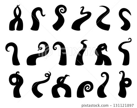 Black octopus tentacles. Squid tentacle various postures, swirl silhouette for stickers, cutting. Underwater wild animal, jellyfish arms, nowaday vector set 131121897