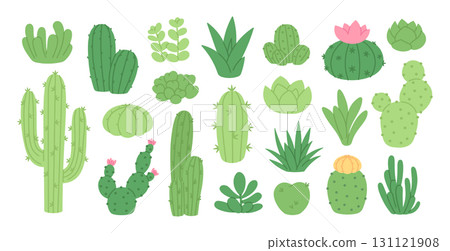 Cartoon succulents. Cactus and succulent, stone rose, aloe. Blooming and green doodle cacti, desert flowers. Isolated home garden, racy vector clipart 131121908