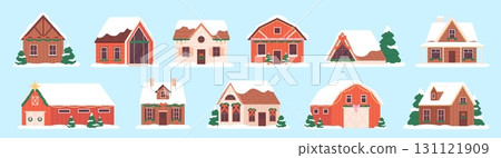 Christmas country houses. Seasonal holiday decorations on wooden countryside buildings. Village cottages, cabins with garlands and wreath, racy vector clipart 131121909
