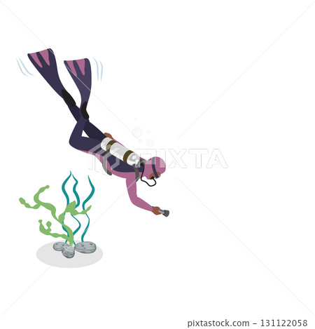 3D Isometric Flat Vector Set of Scuba Divers, Marine Exploring People. Item 3 131122058