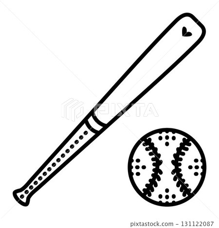 Baseball bat and ball. Vector monochrome illustration, icon of sport accessories 131122087