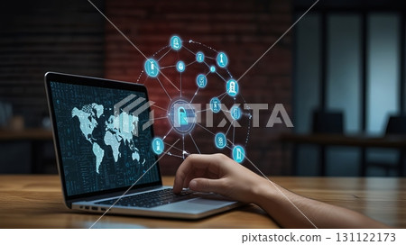 yber security concept. Shield With Keyhole icon on digital data background. 131122173