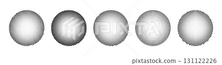Set of circular abstract vector stamps with varying line widths and geometric patterns. Optical illusion style elements with waves, grids, and concentric lines. Black and white modern design shapes Set of circular abstract vector stamps with varying line widths and geometric patterns. Optical illusion style elements with waves, grids, and concentric lines. Black and white modern design shapes 131122226