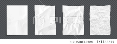 Paper sheets with wrinkles texture. Set of white empty vertical pages with smooth, folded, and wrinkled surfaces. Realistic vector illustration for notes, posters, or design mockups Paper sheets with wrinkles texture. Set of white empty vertical pages with smooth, folded, and wrinkled surfaces. Realistic vector illustration for notes, posters, or design mockups 131122255