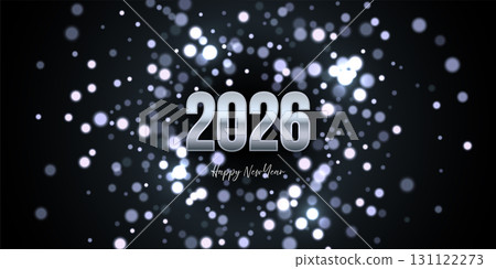 Silver 2026 New Year greeting card. Shiny numbers 2026 with sparkling bokeh lights on dark. Merry Christmas festive postcard, invitation, banner, poster. Luxury vector illustration 131122273
