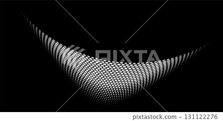 Abstract dotted wave. Halftone curved shape in white color isolated on black background. Curved and twisted gradients form. Trendy graphic vector illustration 131122276