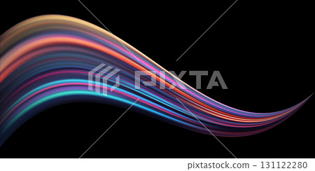 Colorful curved gradient light wave. Abstract neon streak with flowing lines in blue, pink, and orange on black background. Futuristic energy stream, motion effect, glowing swirl. Vector illustration 131122280