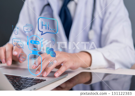 Medical interacting with AI Artificial Intelligence chatbot conversation. medical technology, digital online customer service communication, and innovative patient support.healthcare solutions. Medical interacting with AI Artificial Intelligence chatbot conversation. medical technology, digital online customer service communication, and innovative patient support.healthcare solutions. 131122383
