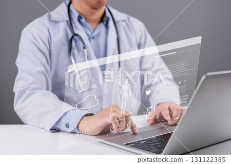 doctor or medical researcher analyzing patient data on health technology, artificial intelligence, and digital medical innovations. Modern healthcare cloud concept for research and diagnostics. doctor or medical researcher analyzing patient data on health technology, artificial intelligence, and digital medical innovations. Modern healthcare cloud concept for research and diagnostics. 131122385