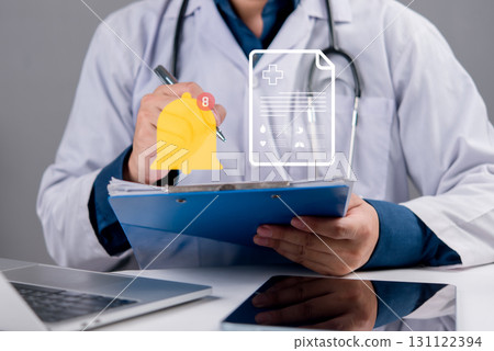 Doctor reviewing patient record with digital alert notification. Concept of healthcare communication, medical report reminder, Lab Result Notification, and electronic medical data update. 131122394
