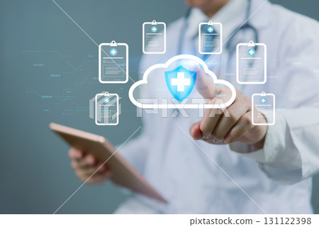 Doctor using digital tablet to access medical records on cloud storage. Healthcare professional touching virtual cloud icon for secure data sharing and online health management. 131122398