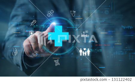 Medical professional interacting with futuristic health interface, showcasing innovation in telemedicine, digital records, and smart healthcare technology. 131122402
