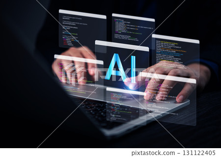 Developer coding AI algorithms on laptop with futuristic transparent UI showing multiple code snippets and Software engineer working on artificial intelligence programming Developer coding AI algorithms on laptop with futuristic transparent UI showing multiple code snippets and Software engineer working on artificial intelligence programming 131122405