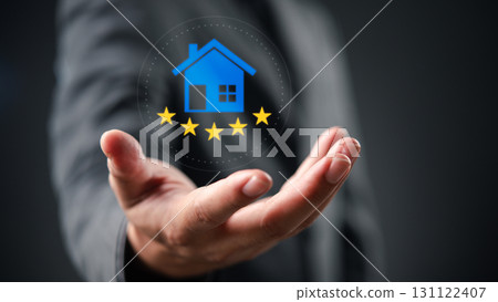 Real estate review concept with 5-star house rating icon, representing property quality, housing reputation, and customer satisfaction score. 131122407