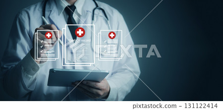 Digital healthcare concept with doctor updating electronic health records, showcasing health information EMR system, medical data, online documentation and patient files. 131122414