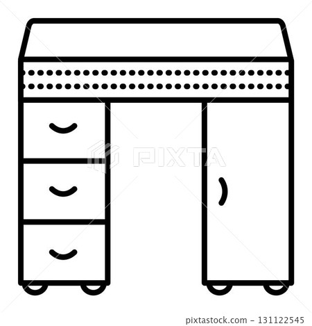 Desk with drawers, writing table, front view, single vector black line illustration, outline monochrome sign Desk with drawers, writing table, front view, single vector black line illustration, outline monochrome sign 131122545