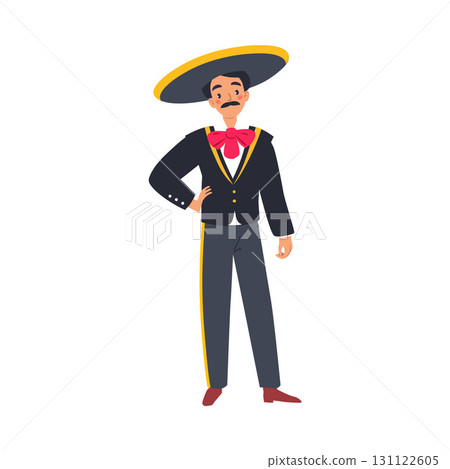 Mexican Man Character in Traditional Clothes and Sombrero Hat Standing Vector Illustration 131122605