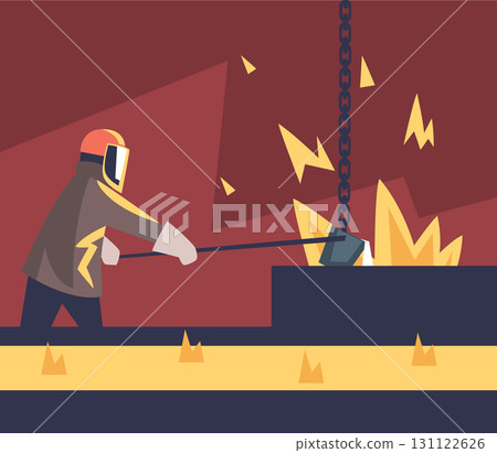 Metallurgy with Man Character Work in Steel Production Plant Vector Illustration Metallurgy with Man Character Work in Steel Production Plant Vector Illustration 131122626