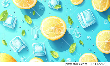 A refreshing overhead view of sliced lemons, ice cubes, and fresh mint leaves scattered on a vibrant light blue surface, with water drops. A refreshing overhead view of sliced lemons, ice cubes, and fresh mint leaves scattered on a vibrant light blue surface, with water drops. 131122638