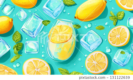 A refreshing overhead view of sliced lemons, ice cubes, and fresh mint leaves scattered on a vibrant light blue surface, with water drops. A refreshing overhead view of sliced lemons, ice cubes, and fresh mint leaves scattered on a vibrant light blue surface, with water drops. 131122639