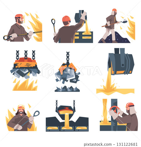 Metallurgy with Man Character Work in Steel Production Plant Vector Set Metallurgy with Man Character Work in Steel Production Plant Vector Set 131122681