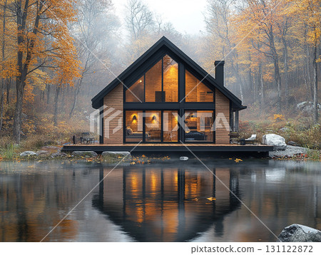 A cozy, modern tiny house with a black exterior and a glass front, sitting on a wooden deck over a misty lake. Warm light glows from inside, reflecting on the water surrounded by autumn trees. 131122872