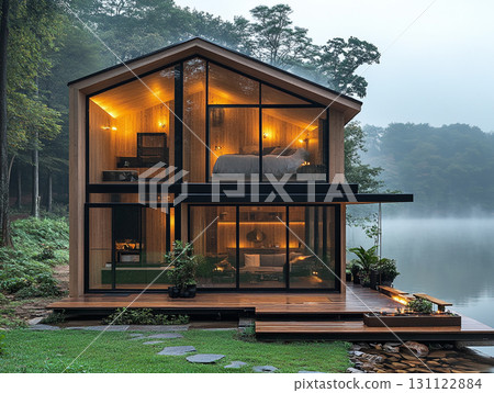 A cozy, modern tiny house with a black exterior and a glass front, sitting on a wooden deck over a misty lake. Warm light glows from inside, reflecting on the water surrounded by autumn trees. 131122884