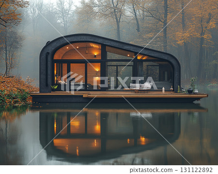 A cozy, modern tiny house with a black exterior and a glass front, sitting on a wooden deck over a misty lake. Warm light glows from inside, reflecting on the water surrounded by autumn trees. 131122892