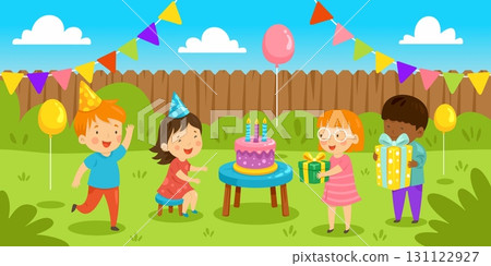 Kids birthday party backyard. Children anniversary celebration on house yard, neighborhood kid friends give gifts home holiday decoration cartoon scene, kicky vector illustration 131122927