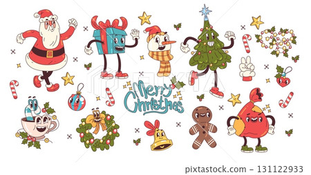 Christmas groovy stickers. Santa Claus xmas trees funny retro characters, vintage y2k design icon gift winter holiday happy new year cool 80s cartoon set classy vector illustration Christmas groovy stickers. Santa Claus xmas trees funny retro characters, vintage y2k design icon gift winter holiday happy new year cool 80s cartoon set classy vector illustration 131122933